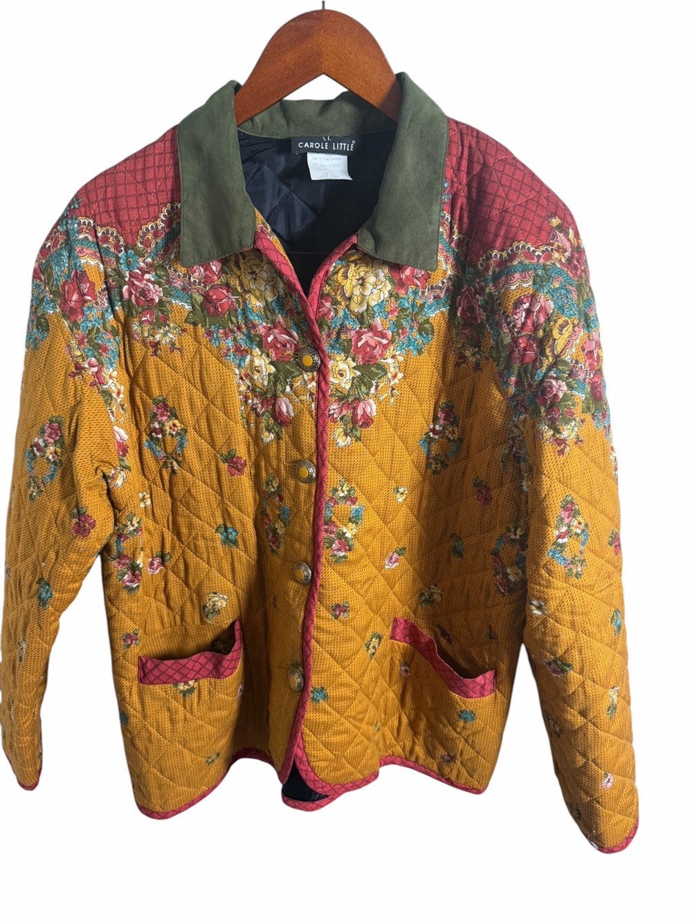 Carole Little Quilted Floral Jacket in Mustard with Olive Collar - Picture 2 of 11